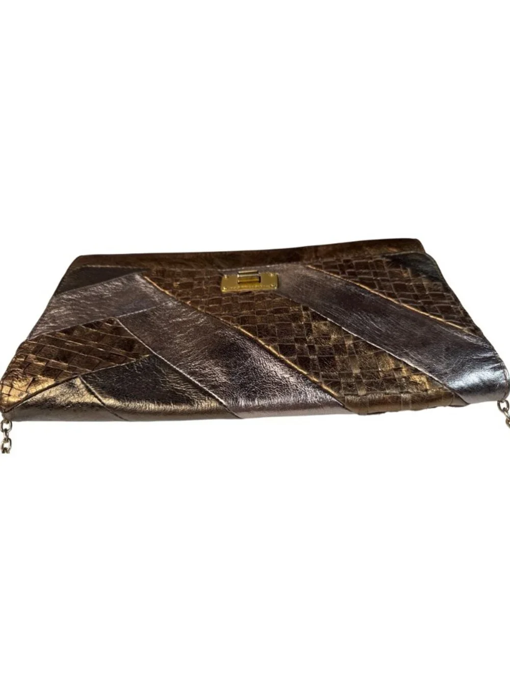 Elliott Lucca Metallic Bronze Woven Leather Chain Clutch Crossbody Bag 11